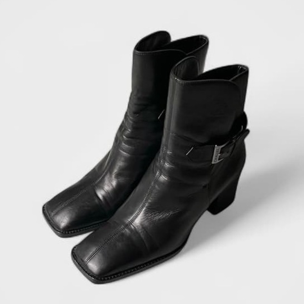 Vintage 90s Chanel Black Leather CC Logo Ankle Boots Buckle Moto 36.5 - Picture 3 of 12